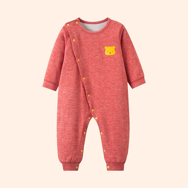 Autumn and winter baby boys and girls with velvet warm clothing German velvet heating thickened onesie wear crawling clothes - Red, 9-12 Months
