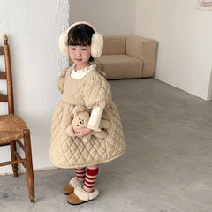 Autumn and winter baby girls thickened with cotton plaid pongee skirt solid color dress - Beige, 4-5 Years