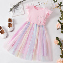 Beautiful Kid Girl Princess Fly Sleeve Heart Rainbow Mesh Fairy Dress - Pink, 8-9 Years