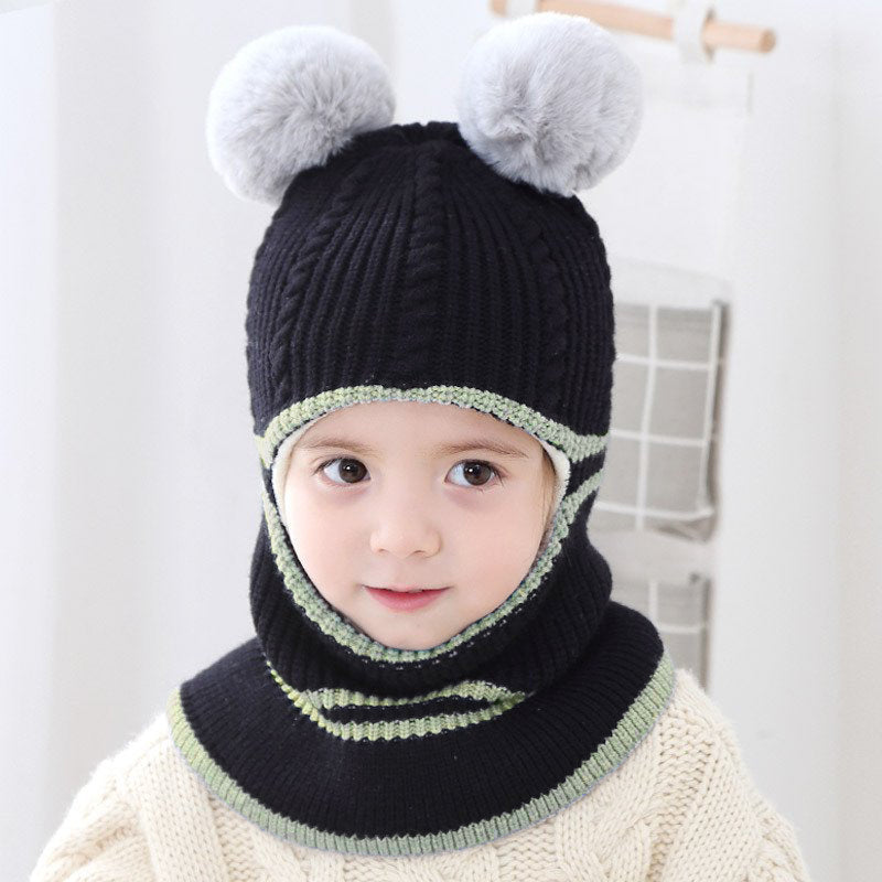 Toddler Winter Knitted Woolen Beanie One-piece Hair Ball(Random decorative balls) - Black, One Size
