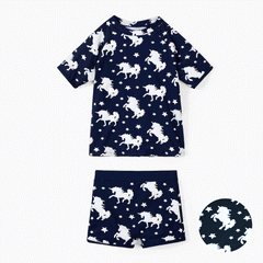 Kid Boy/Girl 2pcs Water-reactive Unicorn Print Swimsuits Set - Dark Slate Blue, 11-12 Years