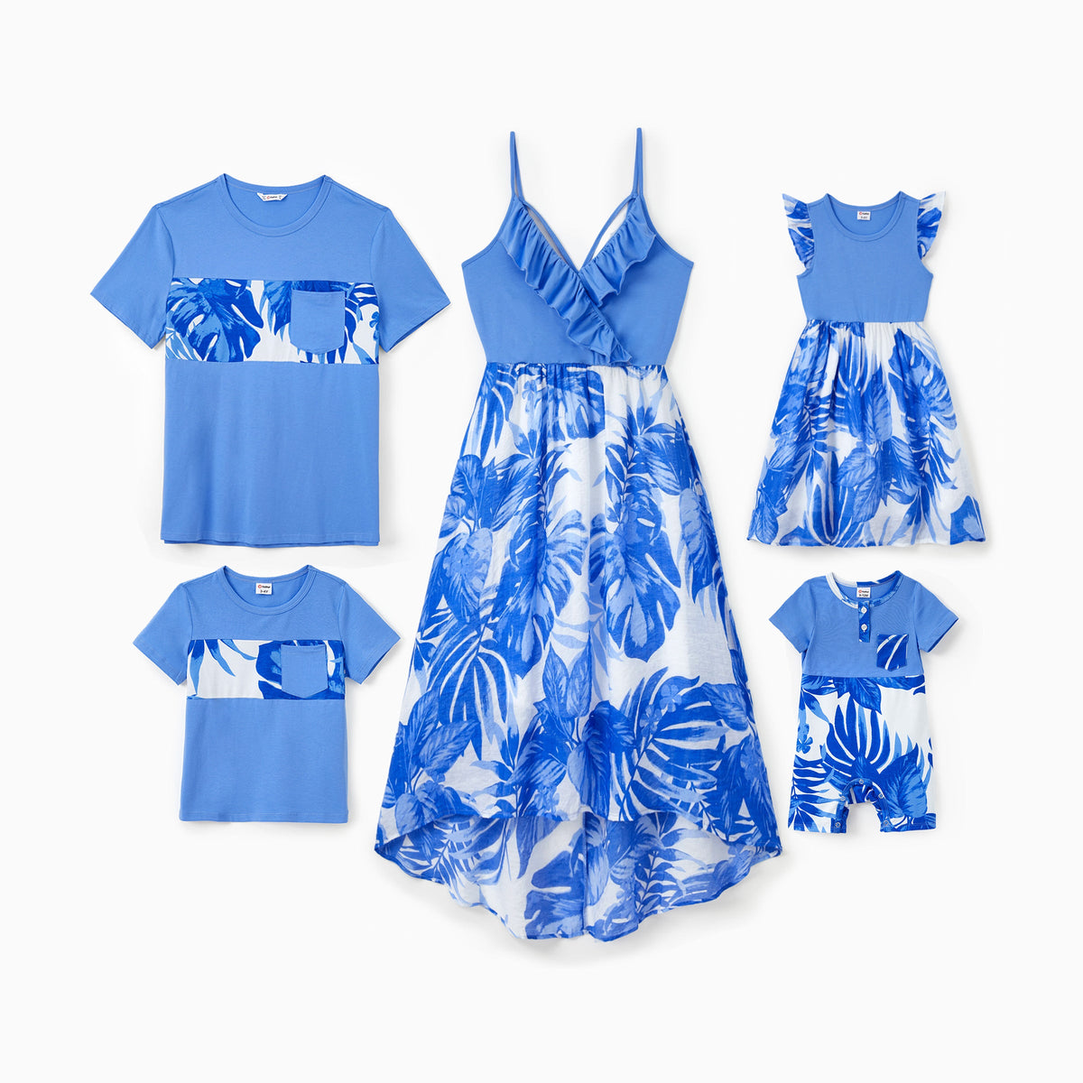 Family Matching Sets Blue Tropical Floral Panel Tee or Ruffle Neck Cross Back High-Low Strap Dress - Blue, 6-9 Months