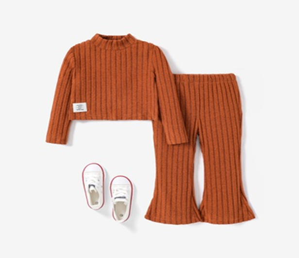 2pcs Toddler Girl's Solid Color Stand Collar Tshirt and Flares Set - Orange / 5-6 Years